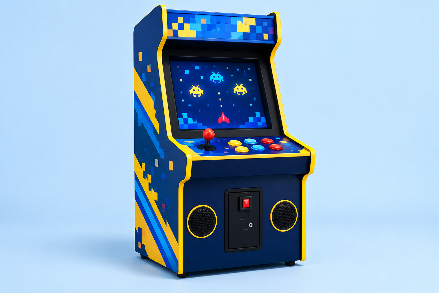 Illustrative navy arcade game machine with joystick and colorful buttons