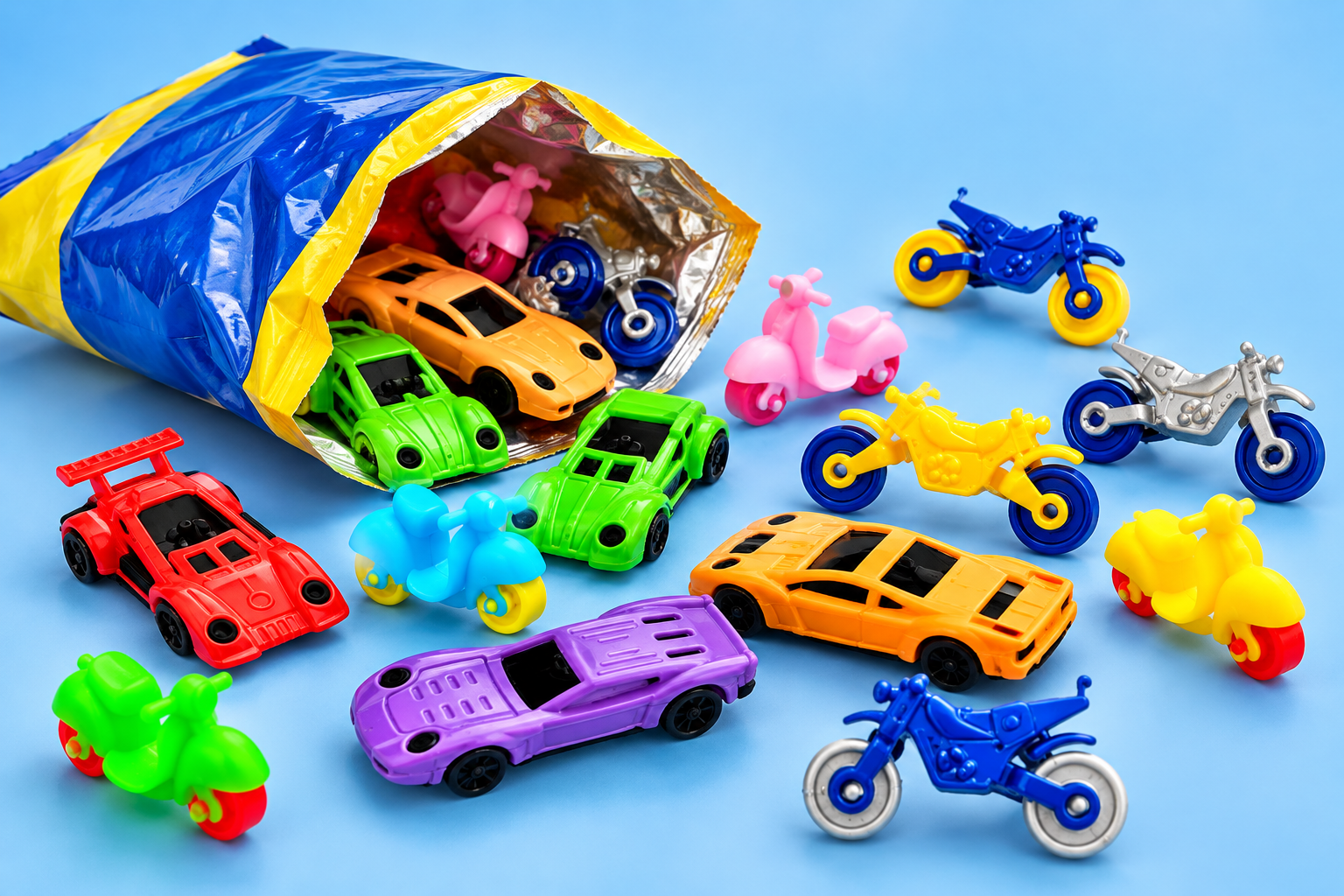 Bright miniature cars, scooters and motorcycles arranged beside a chips packet